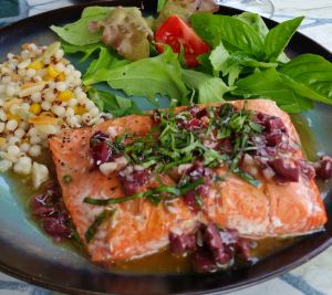 Salmon with Basil Olive Vinaigrette-plated